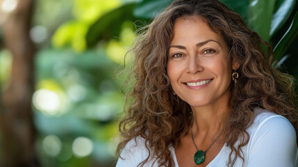 Latina woman over 50 years old smiling, wearing white t-shirt, blurred nature background