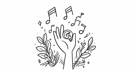Hand holding musical note, surrounded by leaves, for music website design