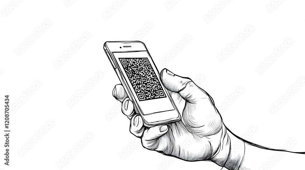 Aufkleber hand holding smartphone displaying qr code; white background; digital access