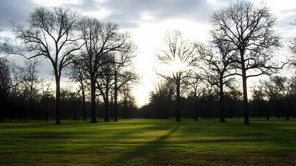 Obraz premium Sun shines through bare winter trees over a lush green field with cloudy skies