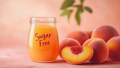 Healthy peach juice sugar free fresh organic fruit drink on glass jar