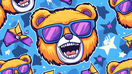 Happy bear sunglasses pattern, stars background, playful design, ideal for kids' apparel