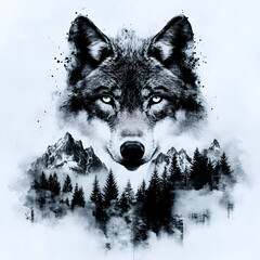 Majestic Wolf Stands Guard Over Misty Mountain Forest with Intense Gaze.