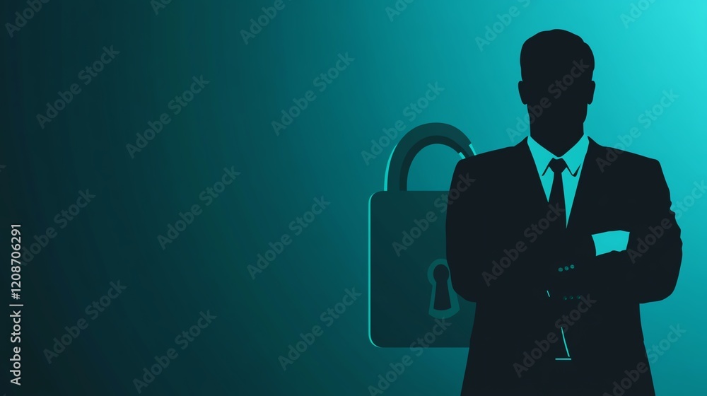 Poster professional man with a lock symbol in the background representing security and confidentiality in a