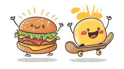 Happy burger and cheese skateboarding, fun food illustration, white background, kids menu