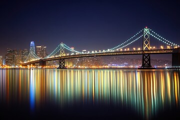 Obraz premium Nighttime View of the Bay Bridge with Reflections on Water Surrounded by City Lights and Skyscrapers in a Vibrant Urban Landscape