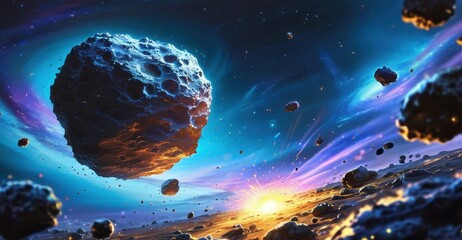 Massive Asteroid with Supernova and Galaxy Backdrop.