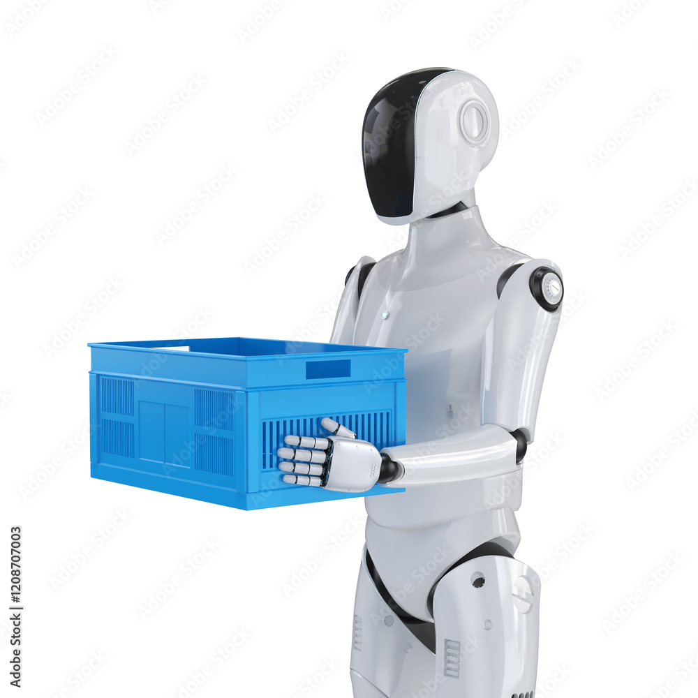 Poster warehouse robot hold empty plastic crate isolated on white