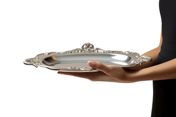 PNG A butler waitress hand is holding up a silver platter jewelry accessories accessory.