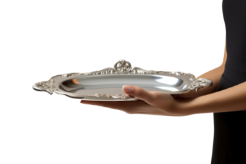 PNG A butler waitress hand is holding up a silver platter jewelry accessories accessory.
