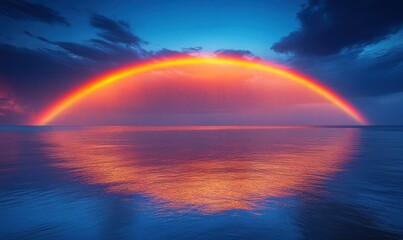 Sunset rainbow reflected in calm ocean.