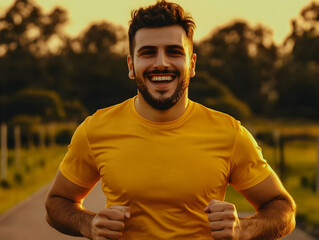 Smiling Man Runs on a Country Road at Golden Hour