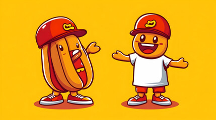 Happy hot dog mascot and friend, cartoon style, yellow background, food illustration, perfect for restaurant menus
