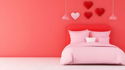 Pink Bed and Heart Decorations Adorn a Stylish Room with Modern Lamps Gently Illuminating the Space