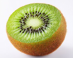 Whole kiwi fruit with its brown fuzzy skin textured sitting upright on white