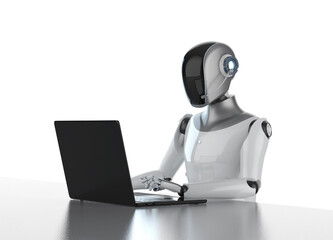 Humanoid robot with laptop computer isolated on white