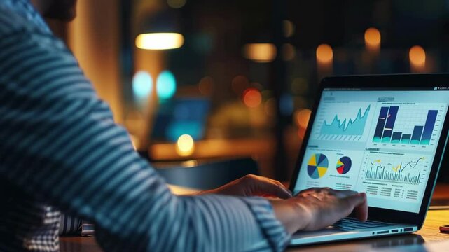 A person using their laptop to create and clean up visual data, with graphs displayed on the screen showing various business performance growth trends