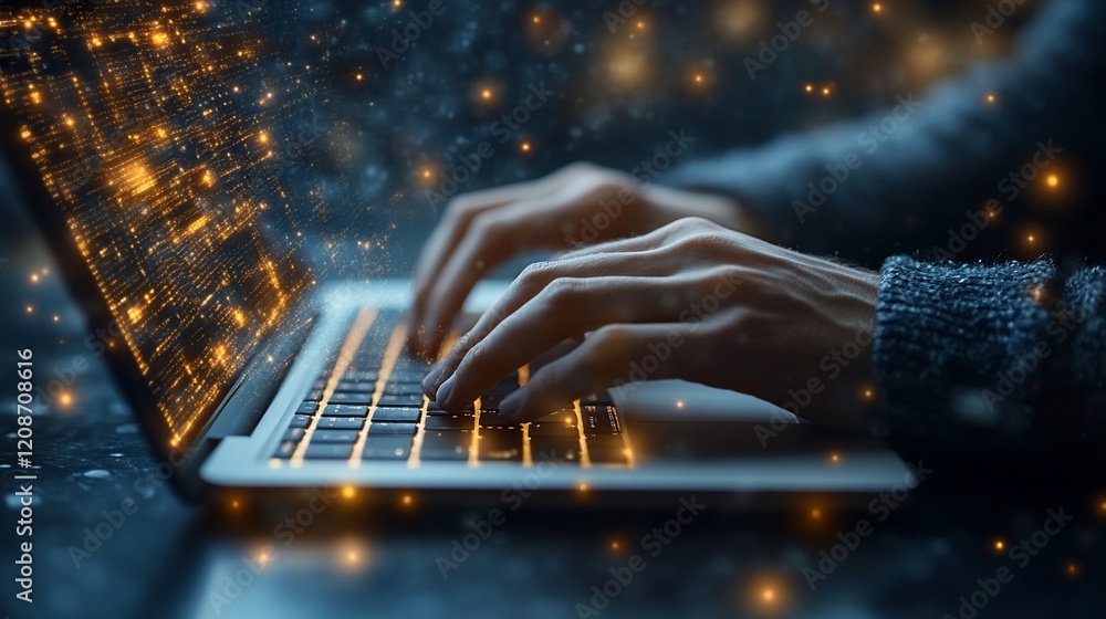 Poster hands typing code, digital data flows, dark background, tech concept