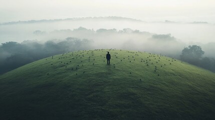 Solitary figure stands on misty hilltop amid scattered stones.