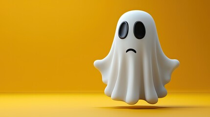 A Sad Cartoon Ghost Floats Against Yellow Background