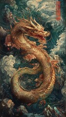 Fototapeta premium Majestic dragon artwork surrounded by swirling clouds.