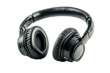 Stylish black headphones placed on a white surface designed for immersive audio experiences isolated on transparent background