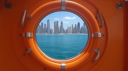 Vibrant City Skyline Framed by a Ship's Porthole Window