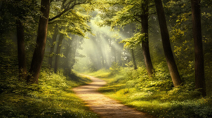 Sunlit Path Winding Through A Lush Green Forest
