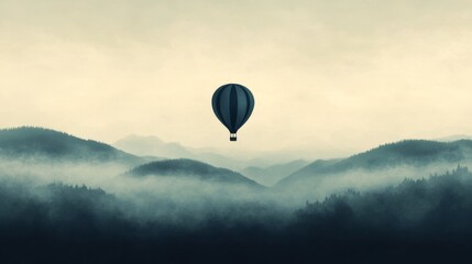 Fototapeta premium Hot air balloon floats above misty mountain range.