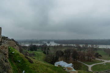Scenic aerial vista of the Danube and Sava confluence viewed from the Belgrade Fortress in winter, Serbia