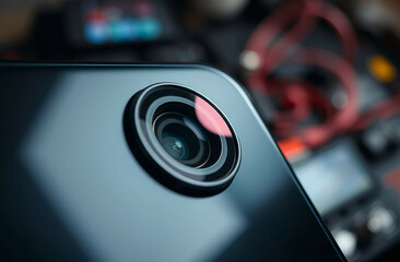 camera lens close up, A close-up of a smartphone camera lens reflecting light, with a blurred background