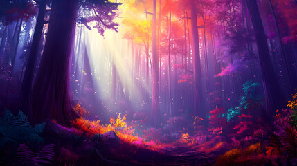 Fototapeta premium Magical autumn forest path, sun rays, vibrant colors, fantasy landscape, ideal for fantasy or fairytale illustration