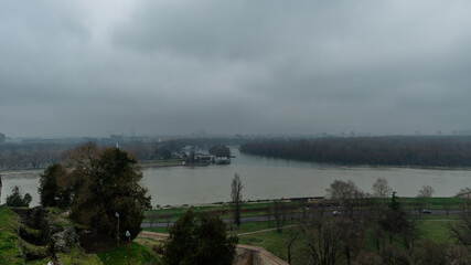Scenic aerial vista of the Danube and Sava confluence viewed from the Belgrade Fortress in winter, Serbia