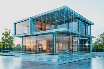 Obraz premium Glass house structure with a blue wire on the roof showcasing modern architecture and design elements in a spacious outdoor setting