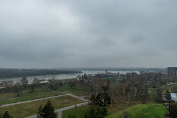 Scenic aerial Kalemegdan park vista with the confluence of Danube and Sava rivers in the background, Belgrade, Serbia