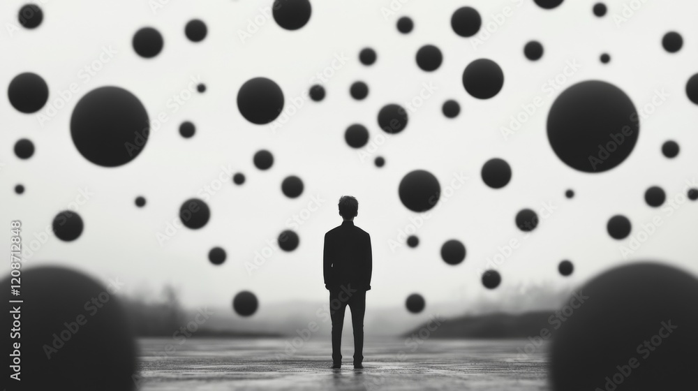 Poster man silhouetted against a backdrop of floating black spheres in a hazy landscape.