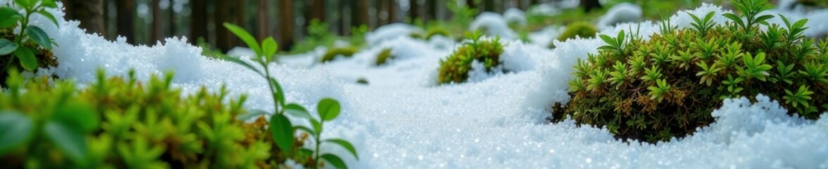Snow melts on forest floor revealing moss and ferns, greenery, nature