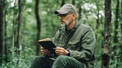 Mature man journaling in forest, nature background, peaceful scene, perfect for relaxation and well-being articles