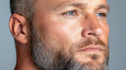 Obraz premium Man, thoughtful, portrait, gray background, serious expression, profile