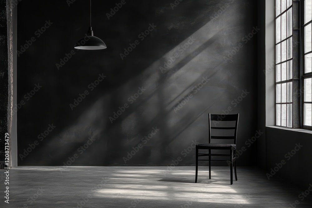 Poster dark room with chair and hanging lamp, sunlight streams through the window, creating shadows. ideal 