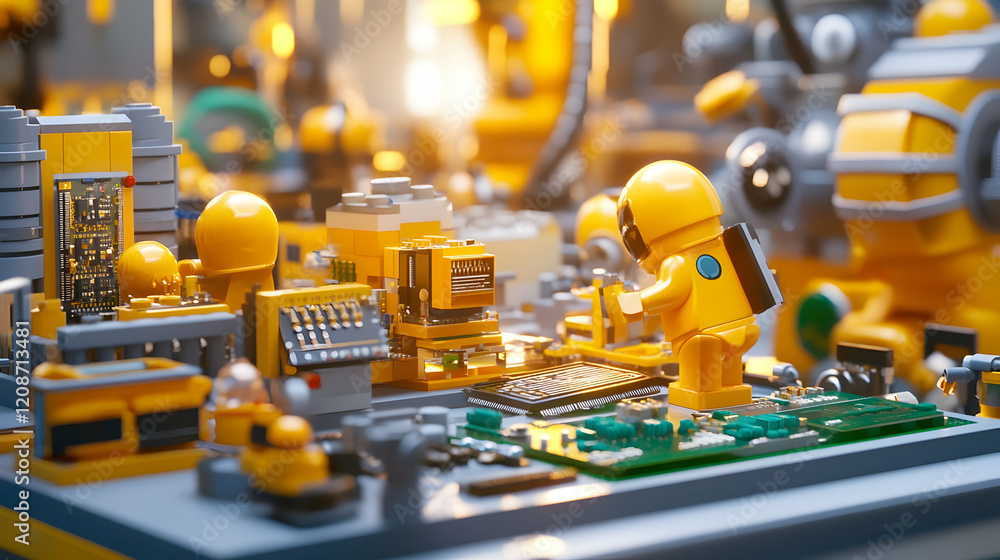 Poster miniature robots assembling circuit boards in a futuristic factory. use industrial automation concep