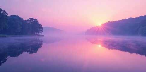 Softly glowing lavender mist rises from a serene lake at dawn, peaceful, gradient, serene