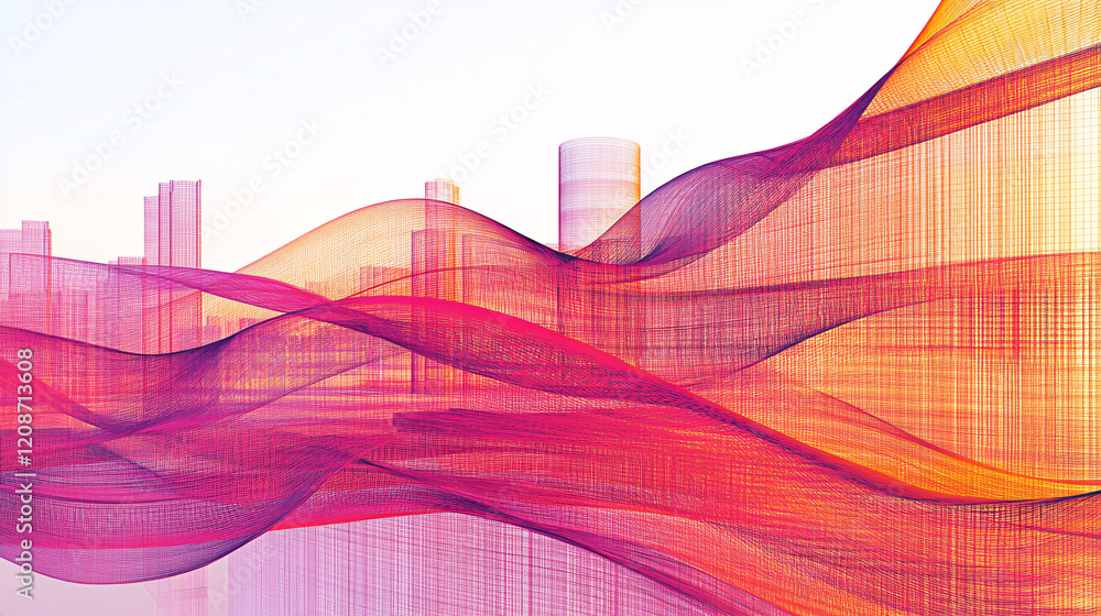 Poster colorful abstract background featuring a cityscape silhouette in vibrant hues and dynamic patterns