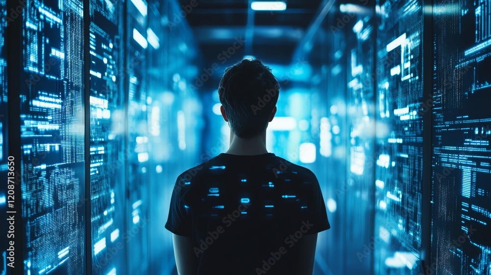 Aufkleber exploring a high-tech data center filled with glowing server racks at night