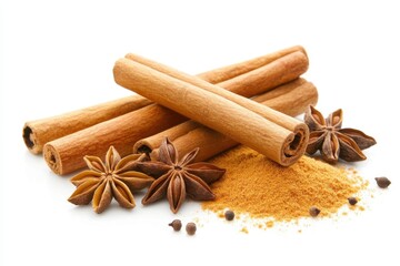 Cinnamon sticks, star anise, and ground spice. Perfect for recipes, blogs, or spice packaging.