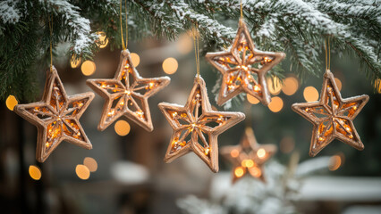 Elegant star-shaped Christmas ornaments glowing softly against a snowy backdrop.
