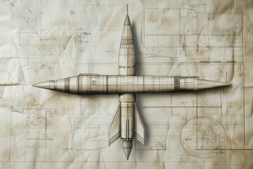 Vintage rocket blueprint on aged paper with technical drawings
