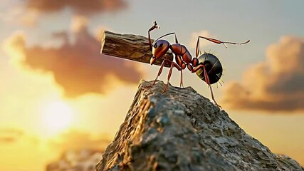 determined ant carrying wood on rock at sunset - strength and perseverance concept