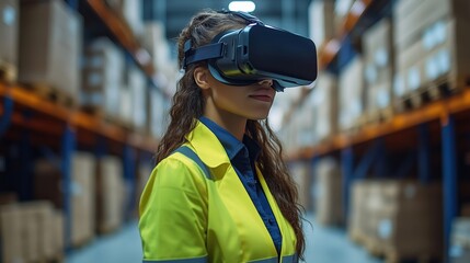 A young woman wearing virtual reality goggles in a warehouse, exploring future technology and innovation in an industrial environment.