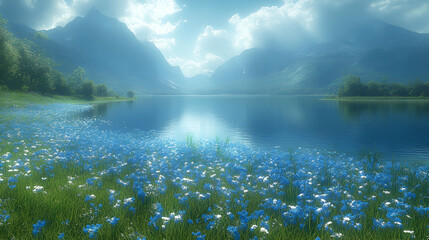 Serene Mountain Lake with Blue Flower Meadow